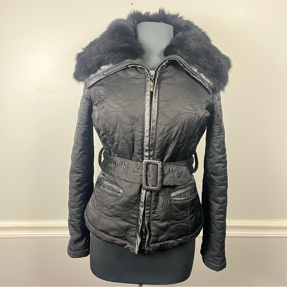 Bebe Y2K Rabbit Fur Trimmed down and feather filled belted jacket black size M - Picture 1 of 10